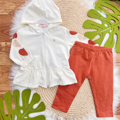 Conj. Jaqueta com Corações nas Mangas e Calça Legging - Off White e Ferrugem